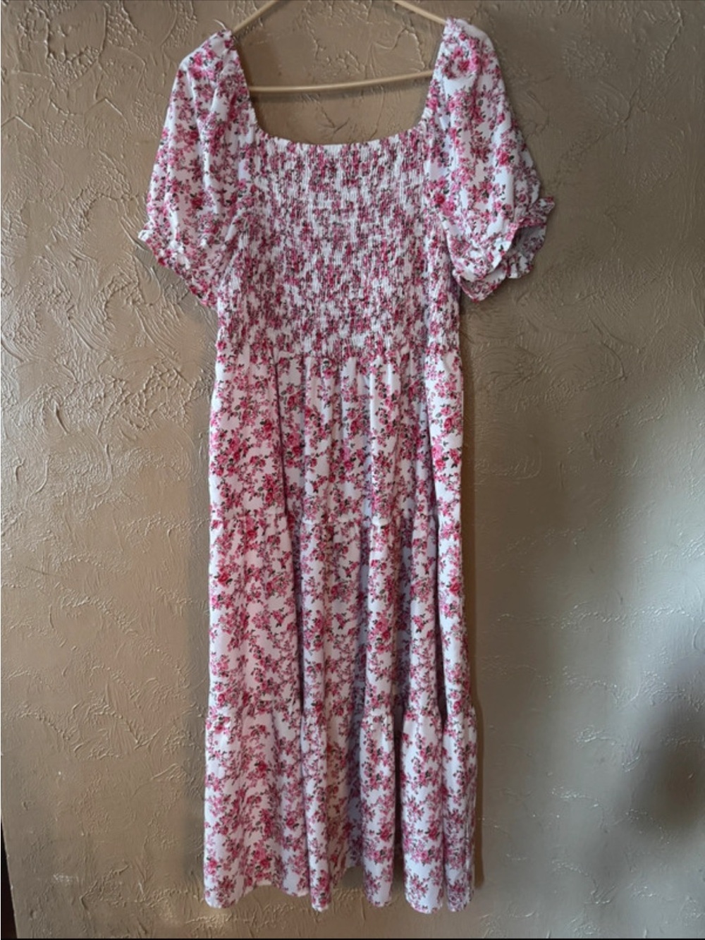 Smocked White Maxi Dress with Pink Floral Print